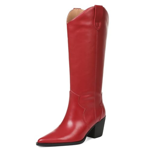 femflame Red Cowboy Boots for Women Cowgirl Boots Pointed Toe Western Boots Womens Comfortable Wide Calf Chunky Heel Knee High | Amazon (US)