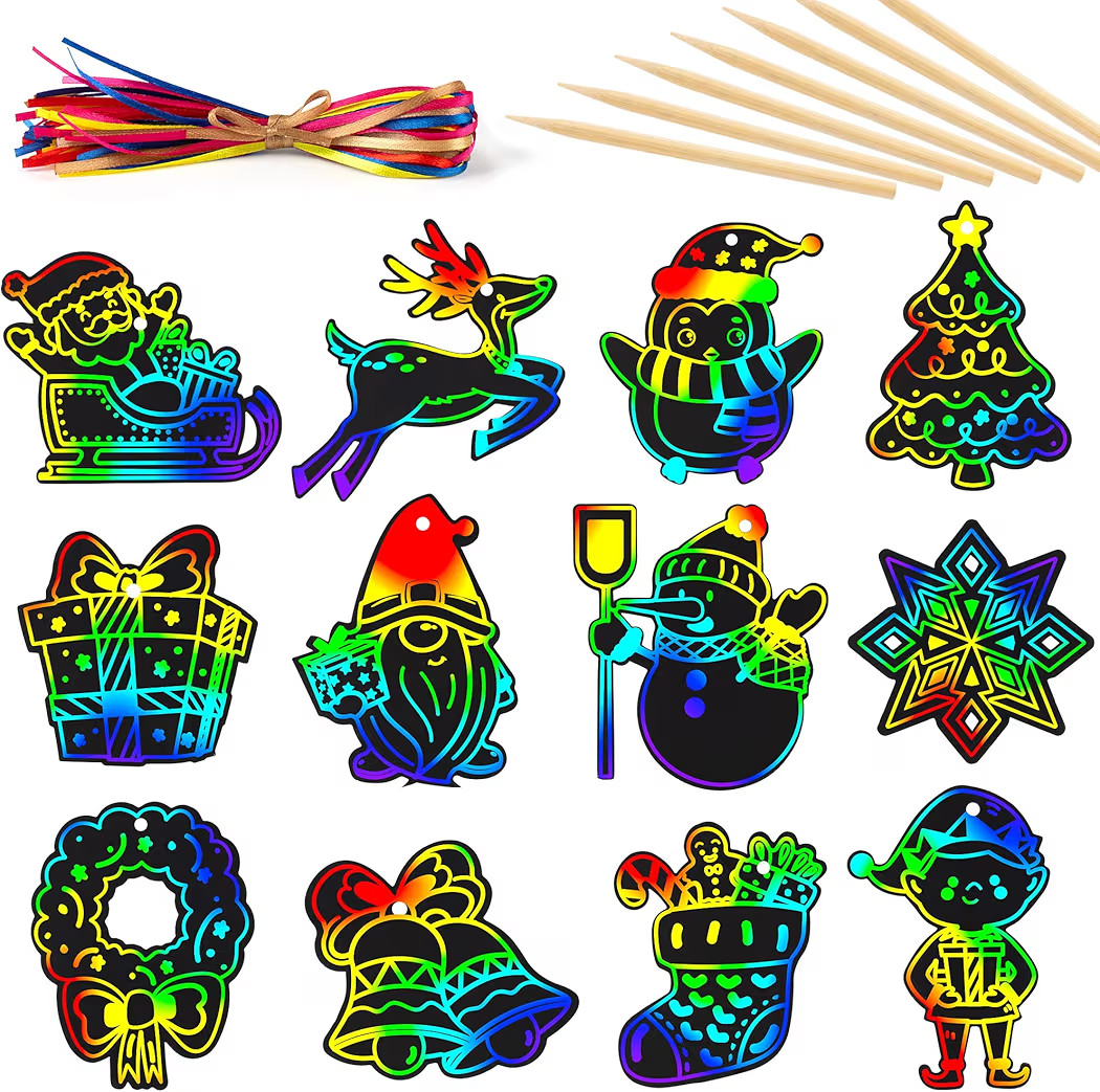 Mocoosy 48 Pcs Christmas Scratch Art Ornaments, Christmas Crafts Kit Bulk for Kids Stocking Stuff... | Amazon (US)
