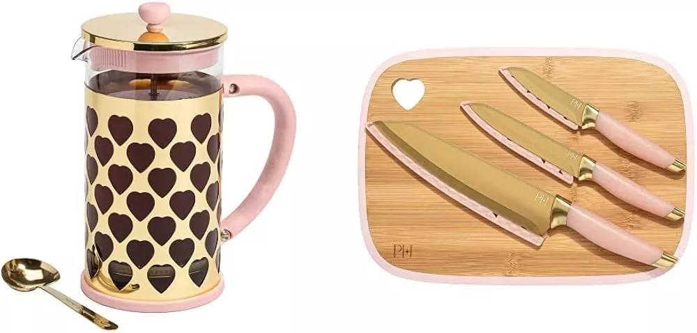 Paris Hilton Hearts 16oz Ceramic Coffee Mug and Electric Milk Frother Set - Battery Powered, 2-Pieces, Pink