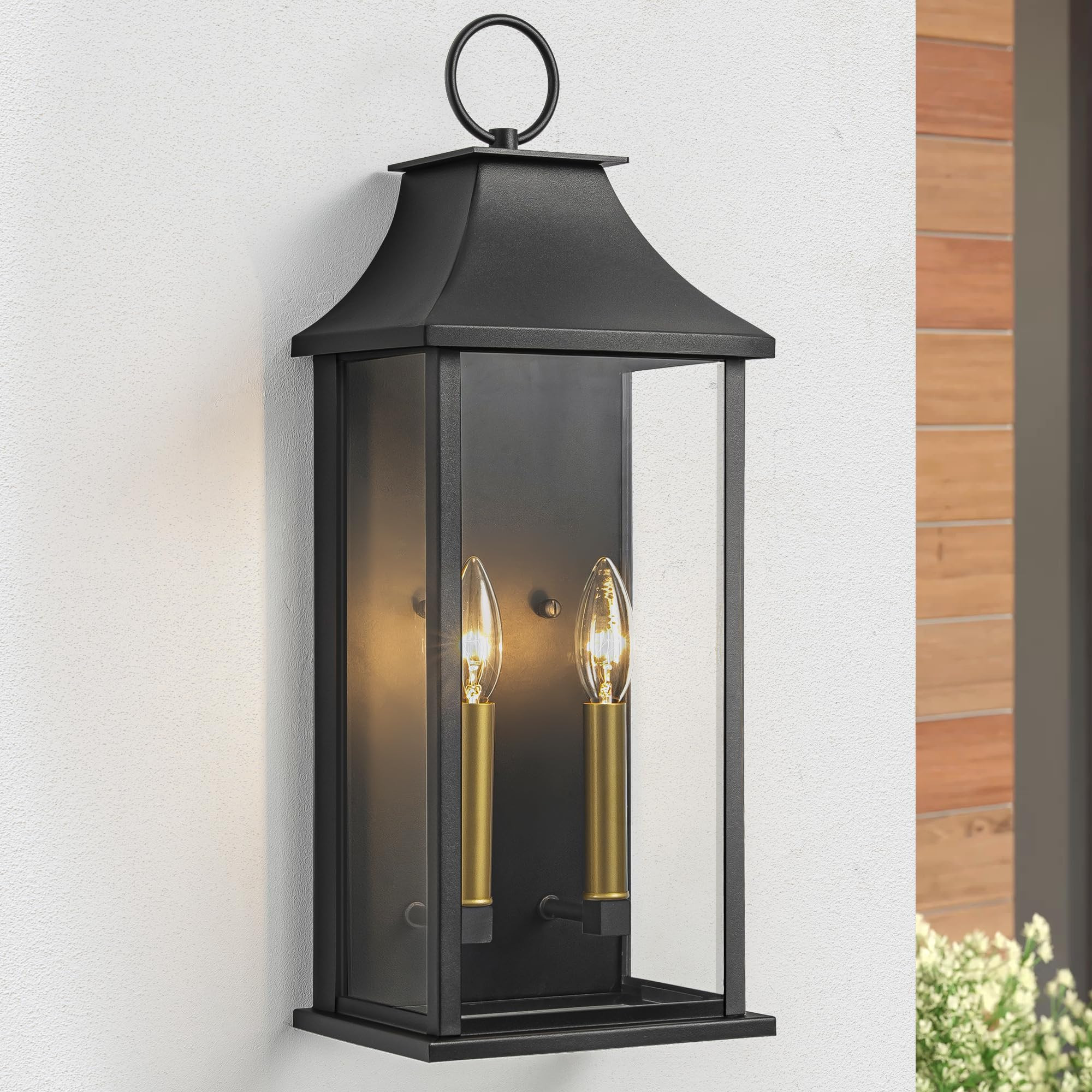Dusk to Dawn Outdoor Wall Lantern 2-Light, 20.6" Large Outside Wall Sconce, Modern Black Wall Lig... | Amazon (US)