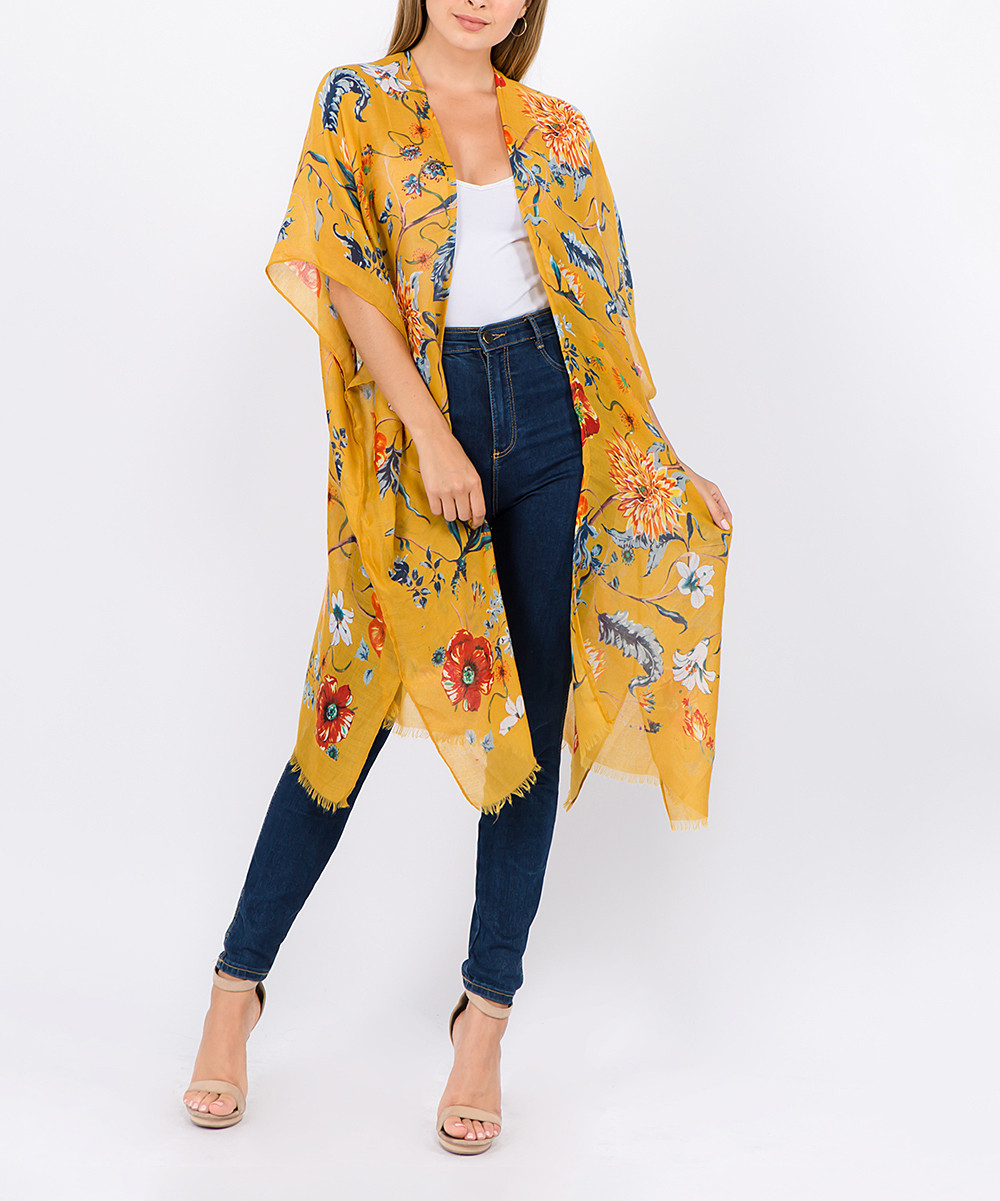 g accessories Women's Kimono Cardigans - Mustard & Blue Floral Fringe-Trim Handkerchief Hem Kimono | Zulily