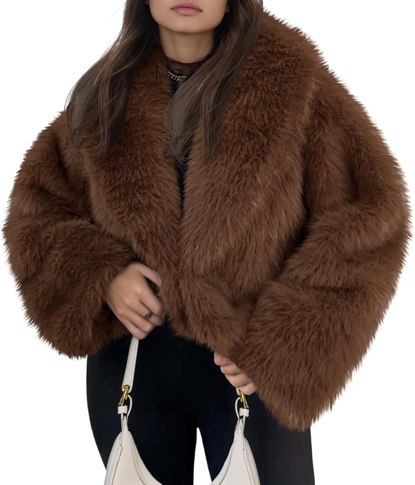 Tankaneo Womens Cropped Faux Fur Jacket Trendy Casual Fluffy Lapel Collar Open Front Outerwear Sh... | Amazon (US)