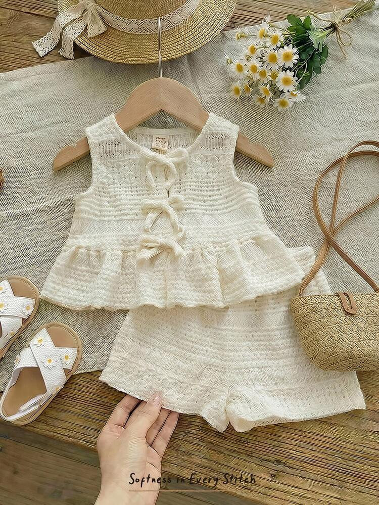 2pcs Baby Girl Solid Color Knit Soft Crew Neck Sleeveless Cardigan Top And Elastic Waist Shorts Set,Kids | SHEIN