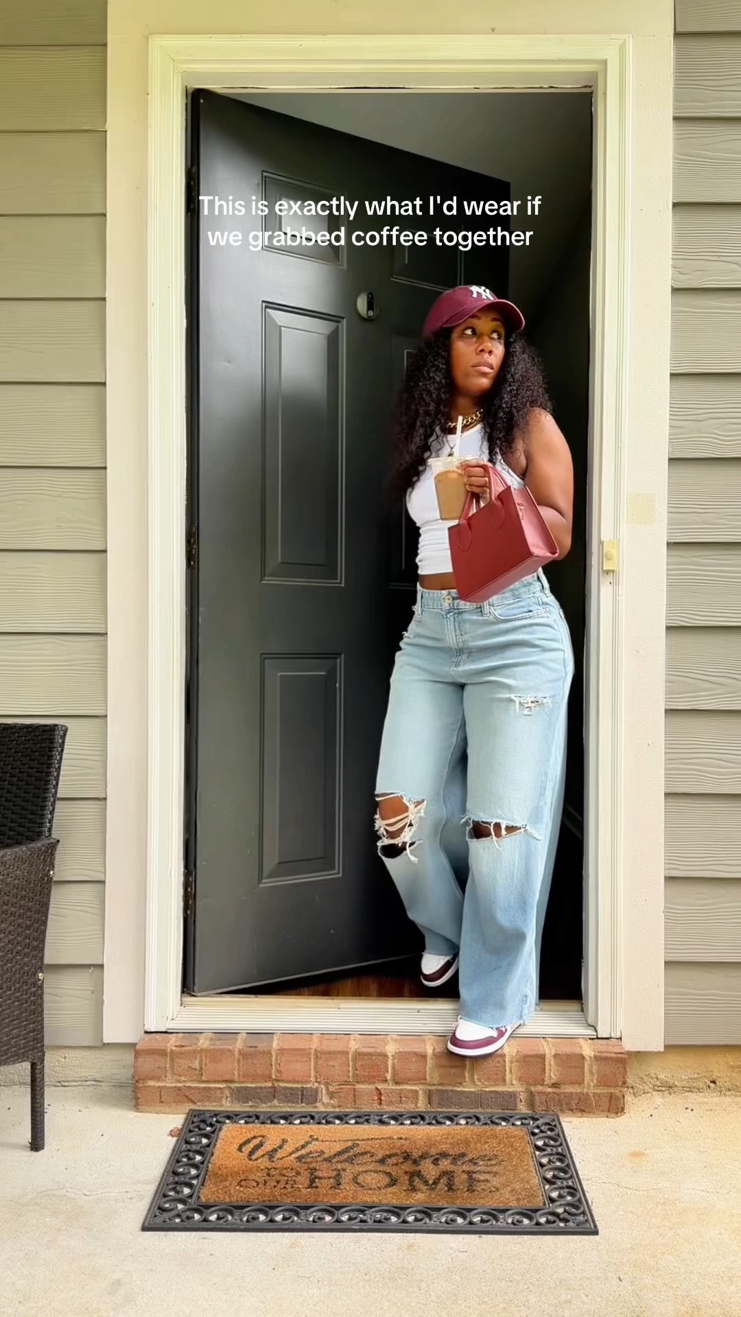 This is exactly what I’d wear if we grabbed coffee together… a white tank top with high waisted distressed jeans. I’ll style this casual outfit with a maroon NY Yankees baseball hat, maroon purse, and Jordan 1 Bordeaux sneakers

#LTKootd #LTKOver40 #LTKPetite