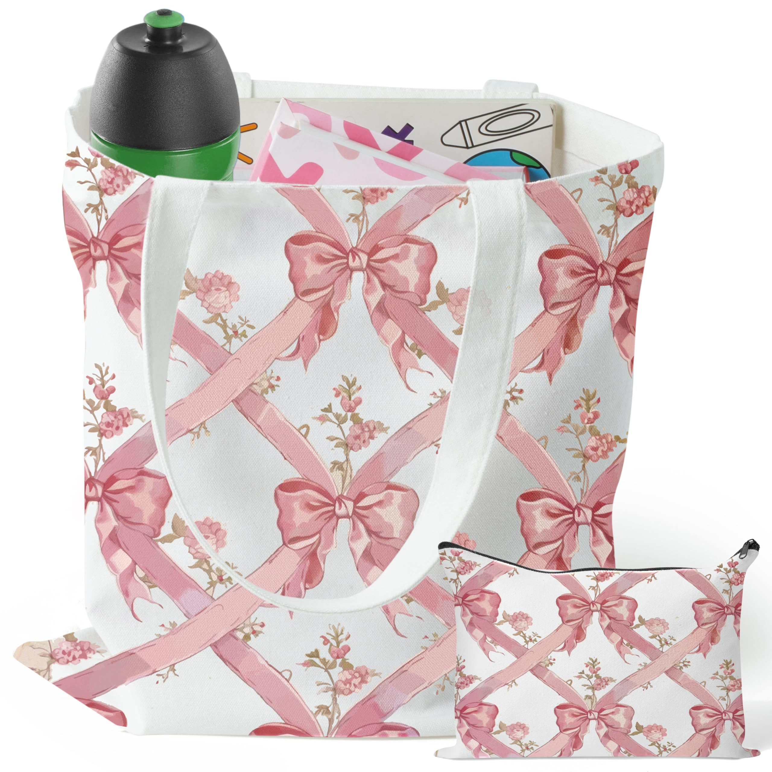 Y1tvei Coquette Bow Tote Bag - 2Pcs Aesthetic Pink Bow Floral Makeup Bag Set, Cute Pink Bow Canva... | Amazon (US)