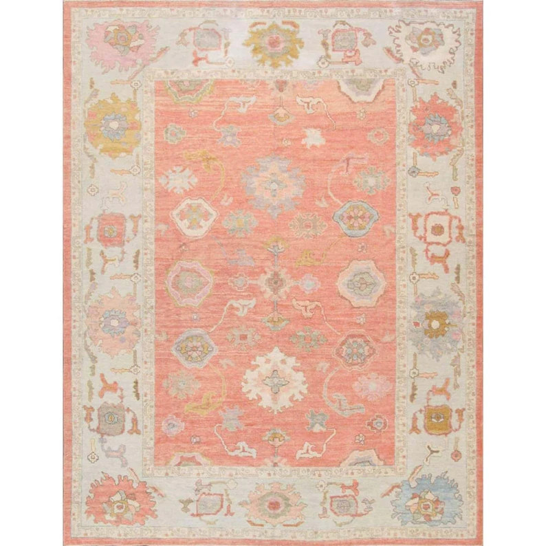 Luxury Hand Knotted Oushak Wool Rug Coral Floral Vintage Designer Carpet 9x12 - Etsy | Etsy (Global)