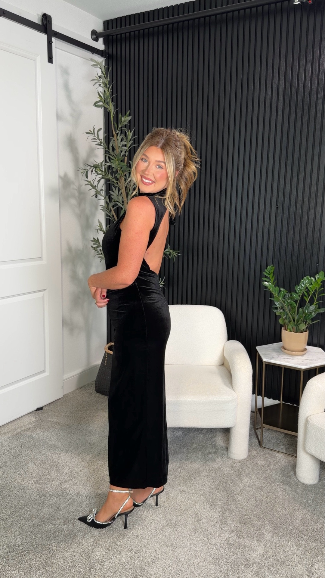 Backless velvet holiday party dress. Wearing a size medium 

#LTKMidsize #LTKgrwm #LTKHoliday