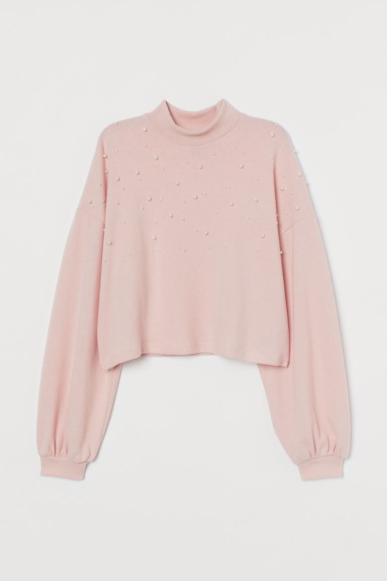Boxy sweater in soft, fine-knit fabric embellished with plastic beads. Mock turtleneck, heavily d... | H&M (US + CA)