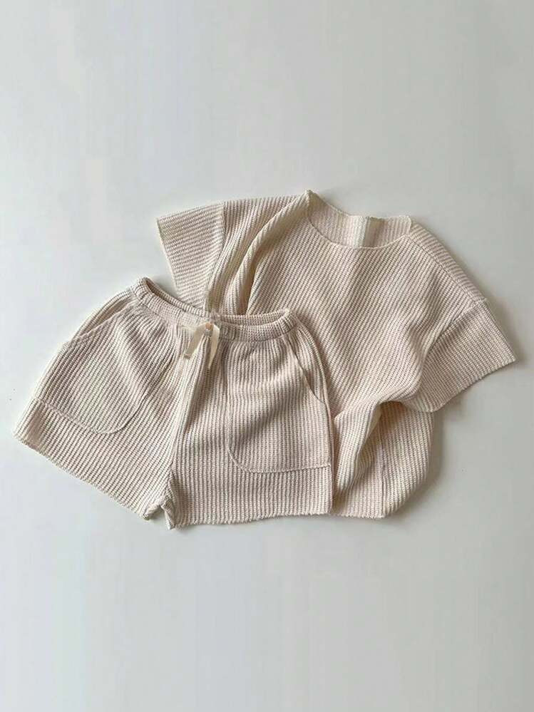 Baby Boy Simple And Loose Waffle Grid Solid Color Short Sleeve Shorts Set, Summer | SHEIN