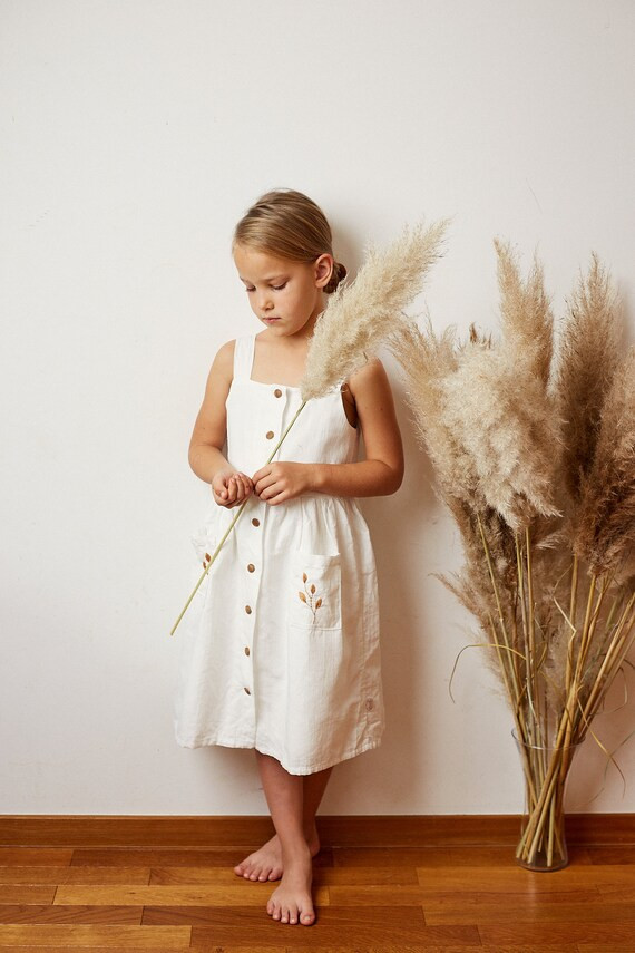 Girl linen dress with hand embroidery, white grey linen dress, leaf embroidered pockets, girl pho... | Etsy (US)