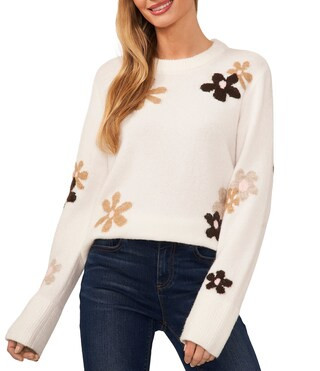 Cece Long Sleeve Crew Neck Floral Intarsia Sweater | Dillard's