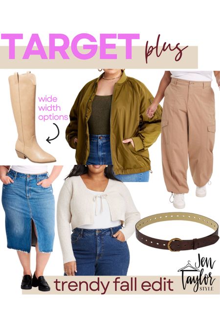 Trendy fall target fashion finds alert! Love these plus size fall fashion finds like these plus size cargo pants, bomber jacket, and plus size top! Loving the denim skirt trend too and these boots are actually wide width shoes! 

#LTKstyletip #LTKplussize #LTKSeasonal