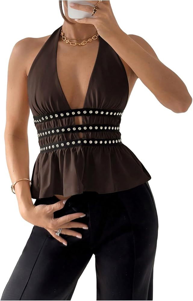 Verdusa Women's Country Concert Outfits Rivet Backless Going Out Tops Ruffle Sleeveless Sexy Halt... | Amazon (US)
