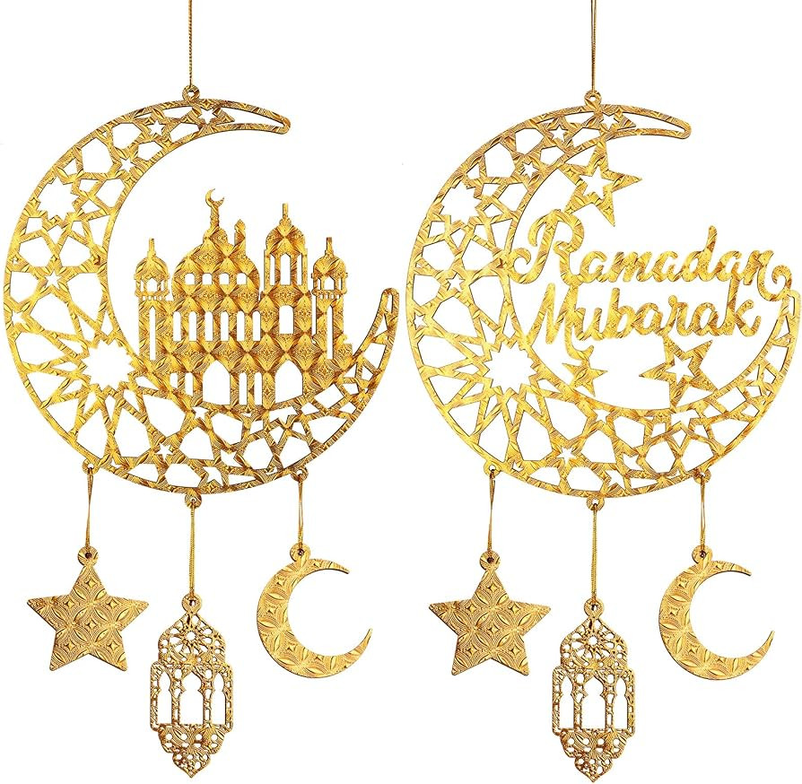 2 Pieces Eid Mubarak Door Sign Wooden Hanging Signs, Ramadan Kareem Hollow Ornament Decorations M... | Amazon (US)