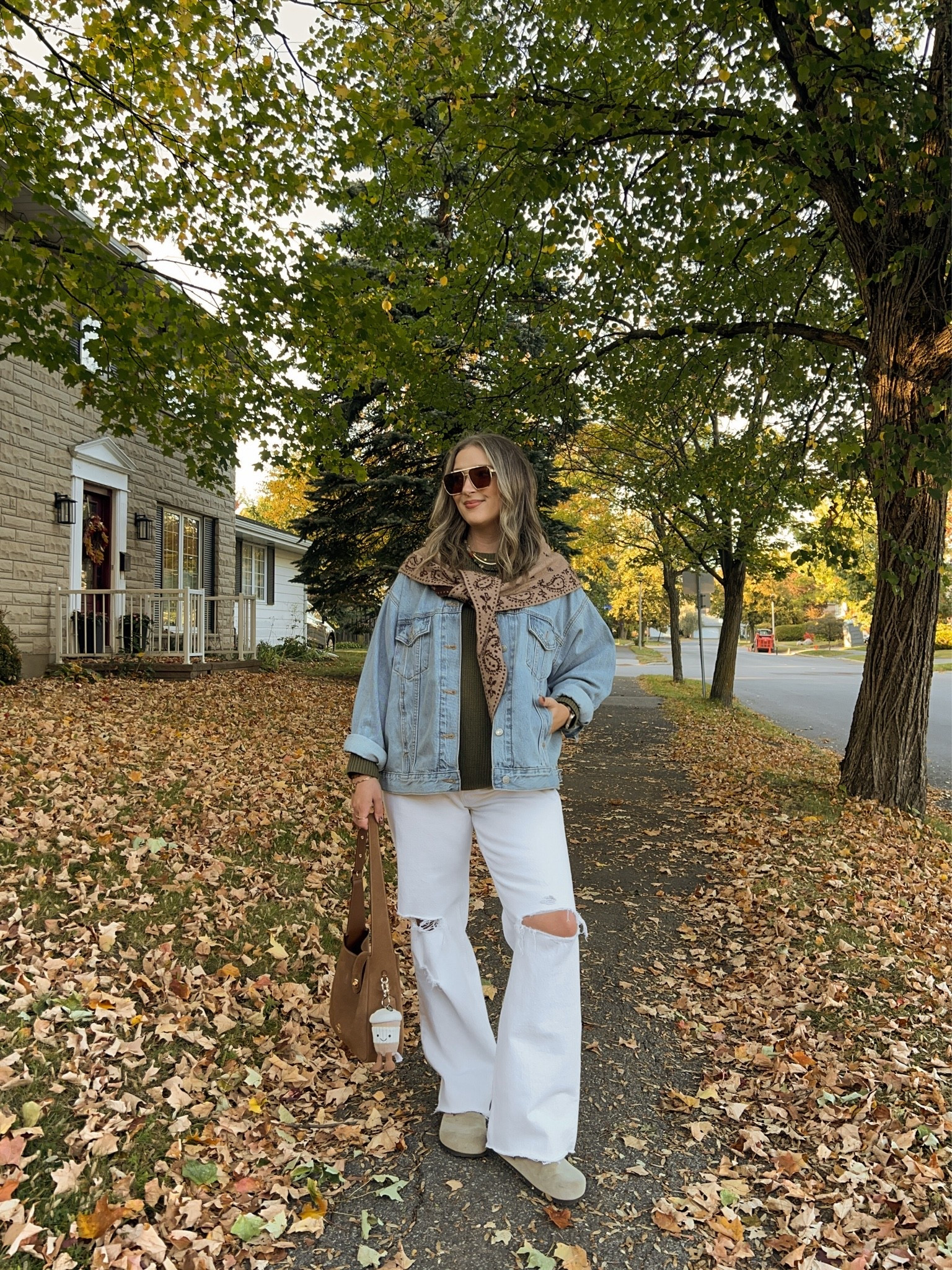 Casual fall outfit! Wearing size 30 in the white jeans. Wearing size L in the olive green sweater (Canadian link under “similar products”). Sized up to XL in the denim jacket for an oversized fit. I’m a 9.5-10 shoe and wear a 40 in the Birkenstocks. Scarf is low stock so I linked a bunch similar