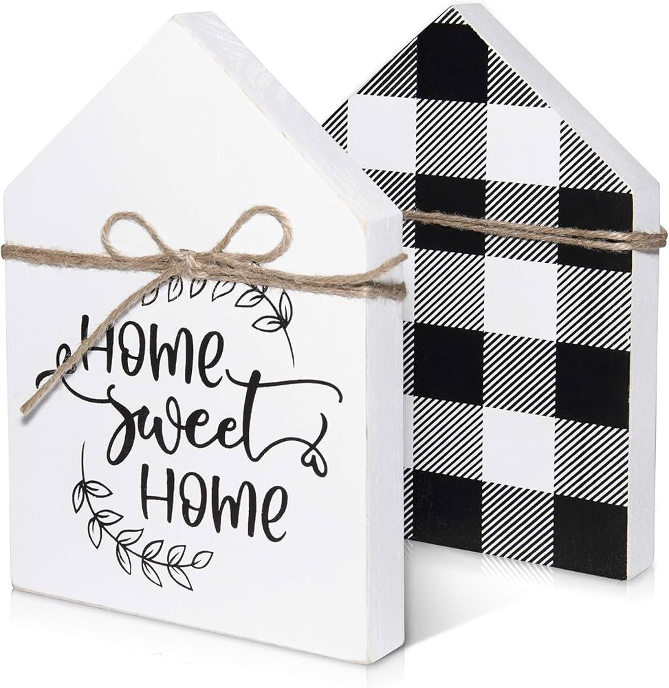 Double-Sided Home Sweet Home Sign for Shelf Decorations - Black and White Buffalo Plaid Decor Far... | Amazon (US)