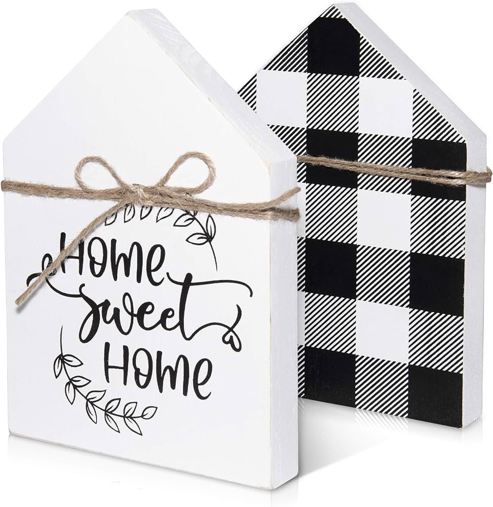 Double-Sided Home Sweet Home Sign for Shelf Decorations - Black and White Buffalo Plaid Decor Far... | Amazon (US)