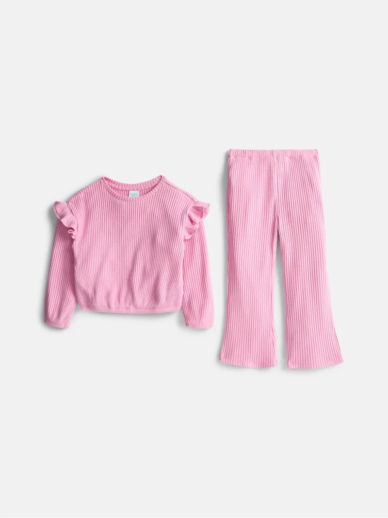 Wonder Nation Toddler Girls' Ribbed Top and Wide Leg Pants Set, 2-Piece, Sizes 12M-5T | Walmart (US)