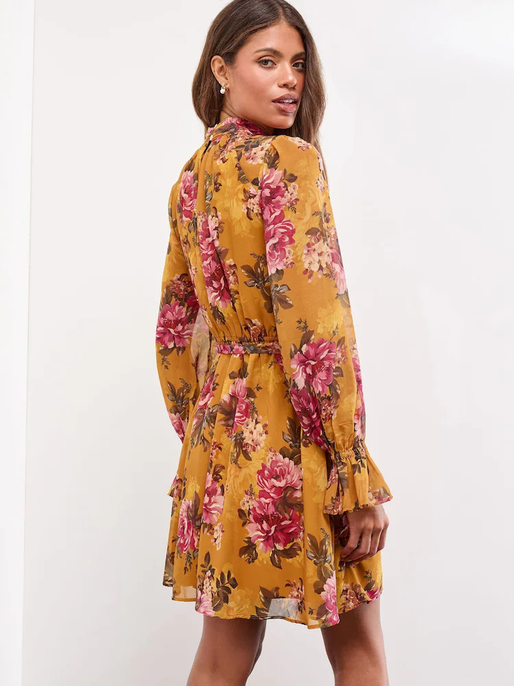 Lipsy Yellow Floral Print Lace Insert and Studs Long Sleeve High Neck Waisted Mini Dress | Next US