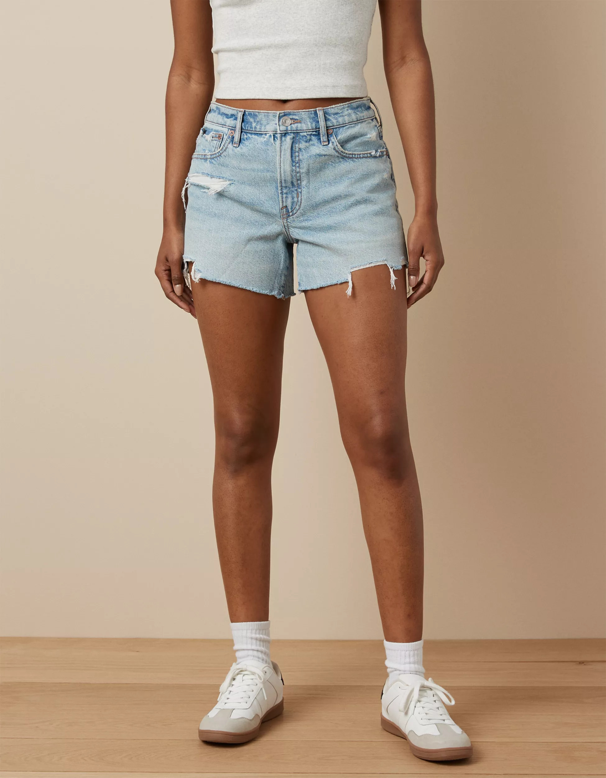 AE Strigid 4" Perfect Ripped Denim Short | American Eagle Outfitters (US & CA)