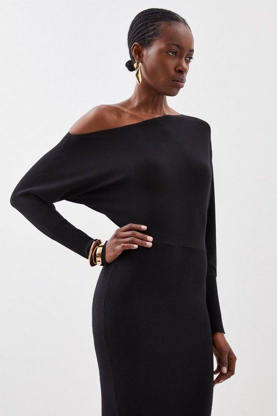 Viscose Blend Knit Asymmetric Neck Midi Dress | Karen Millen UK + IE + DE + NL