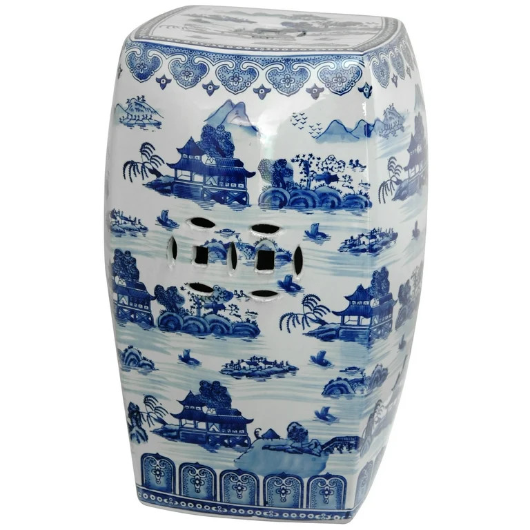 Oriental Furniture 18" Square Landscape Blue and White Porcelain Garden Stool | Walmart (US)