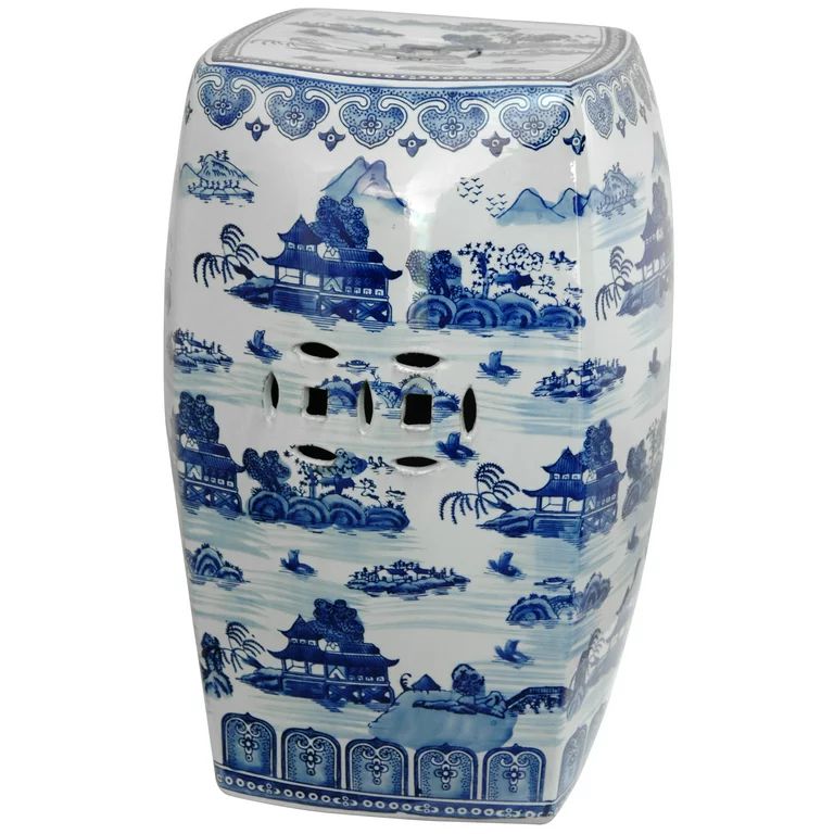 Oriental Furniture 18" Square Landscape Blue and White Porcelain Garden Stool | Walmart (US)