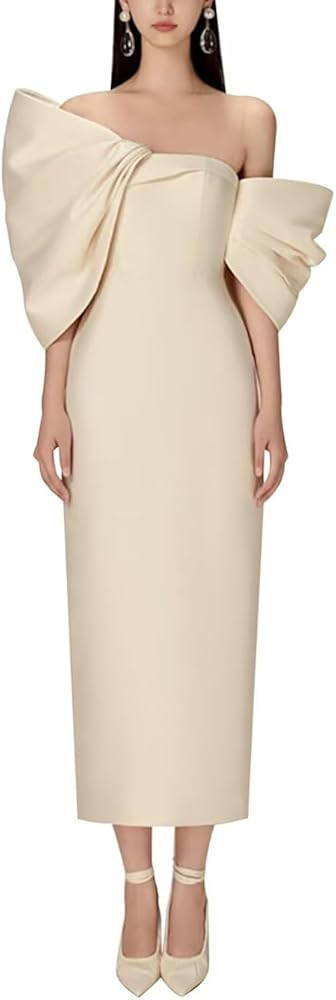 FIDDY898 A-line Satin Mermaid Wedding Dress for Women with Slit Big Bow Prom Formal Party Gowns with Detachable Train Champagne Size 4 at Amazon Women\u2019s Clothing store | Amazon (US)