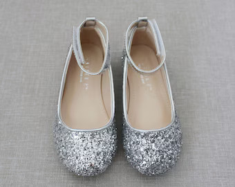 Silver Rock Glitter Mary-jane With SATIN Ribbon Bow  Flower | Etsy | Etsy (US)