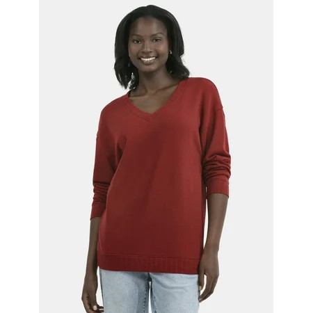 Time and Tru Women's V-Neck Sweatshirt with Long Sleeves, XS-XXXL | Walmart (US)