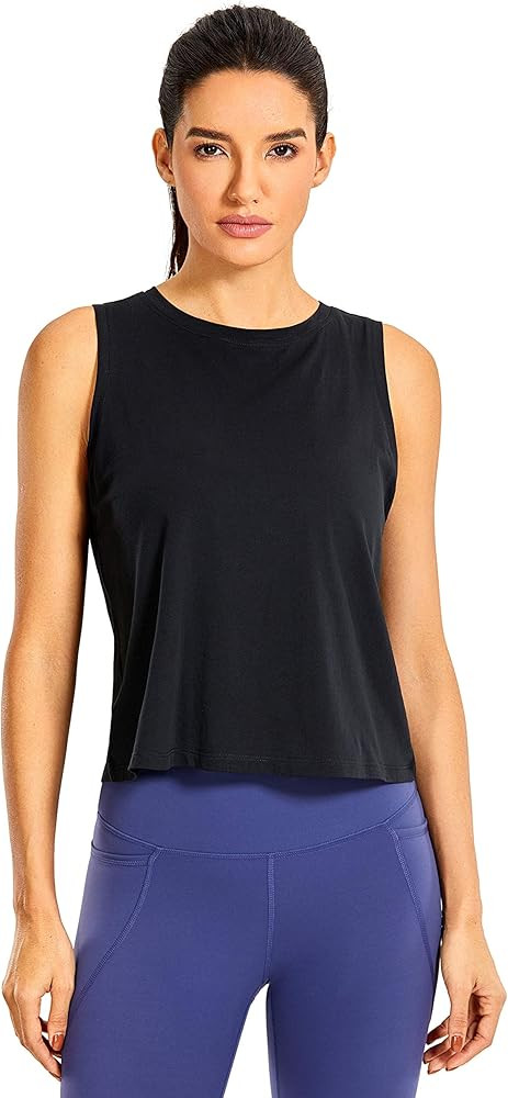 CRZ YOGA Women's Pima Cotton Loose Cropped Tank Tops Workout High Neck Sleeveless Athletic Gym Shirt | Amazon (US)
