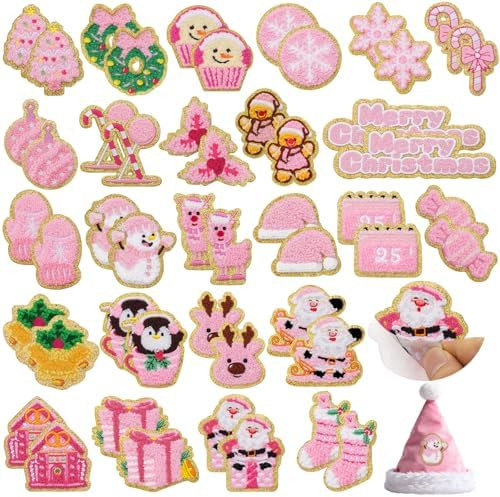 50 Pcs Pink Christmas Patches Stickers Chenille Patches Self Adhesive Embroidered Winter Christma... | Amazon (US)
