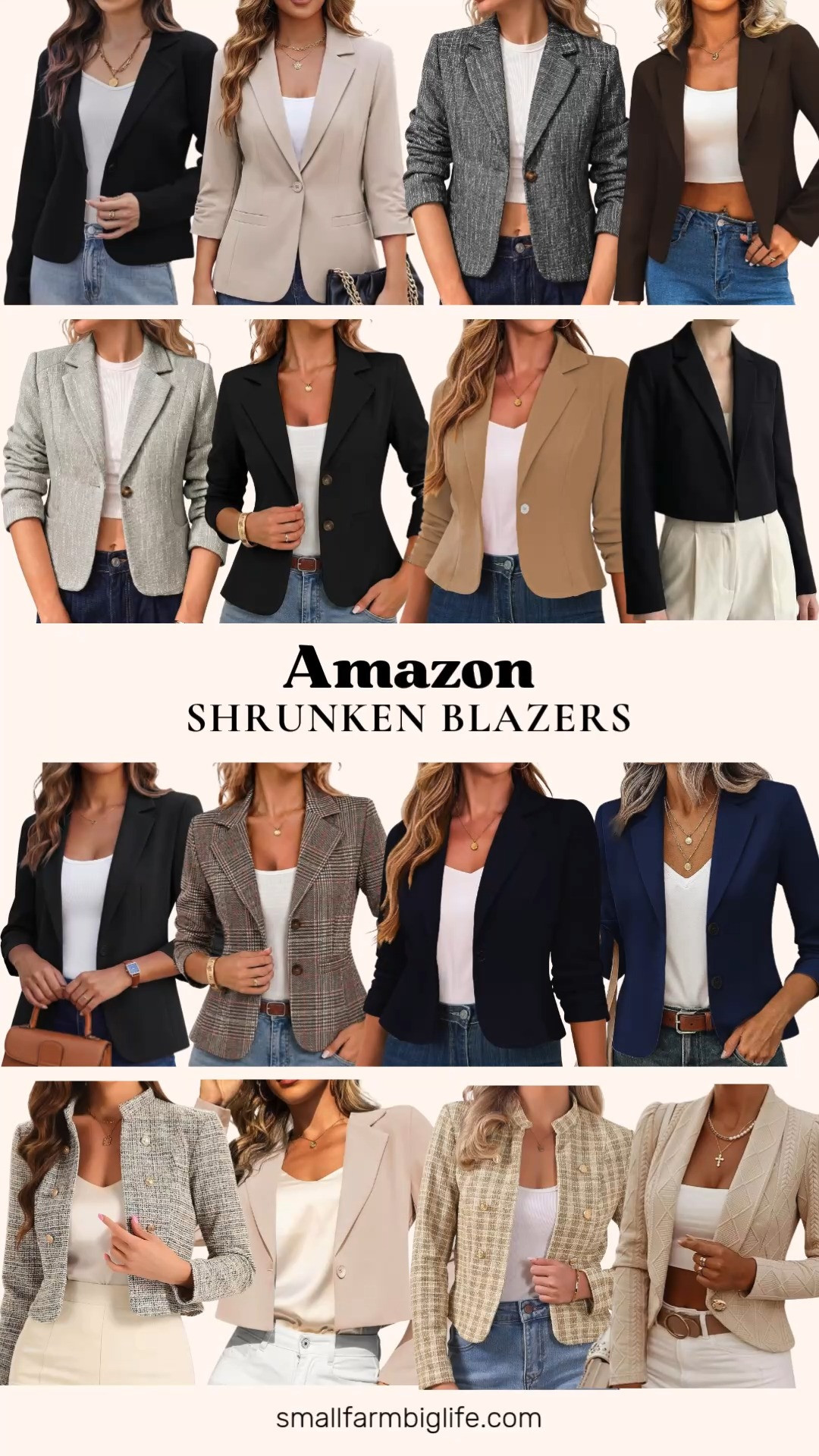 Amazon Shrunken Blazers 🍂 The shrunken blazer is one of the biggest fall fashion trends. This cropped, fitted style looks so polished over dresses, wide leg pants, and high waisted jeans. Classic cropped blazers with ruched 3/4 sleeves come in dark navy and camel, plus a dark brown tailored version, and there are slim fit 3/4 sleeve blazers in black and light khaki. For a softer look, try a black sweater blazer, a stretch knit open front blazer in black or brown plaid, or a beige argyle cable knit cropped blazer with puff sleeves. Tweed is having a moment too, with cropped tweed blazers in black and white or grey, and vintage tweed jackets in beige multi with gold buttons or khaki plaid. Round it out with a black open front cropped blazer, a navy lined cropped blazer, and a beige cropped blazer. These shrunken blazers are perfect for business casual workwear, date night outfits, and fall outfits for women over 50 and beyond!

#amazonfashion #amazonfinds #shrunkenblazer #croppedblazer #falloutfits #businesscasual 

 #LTKootd #LTKOver40 #LTKWorkwear