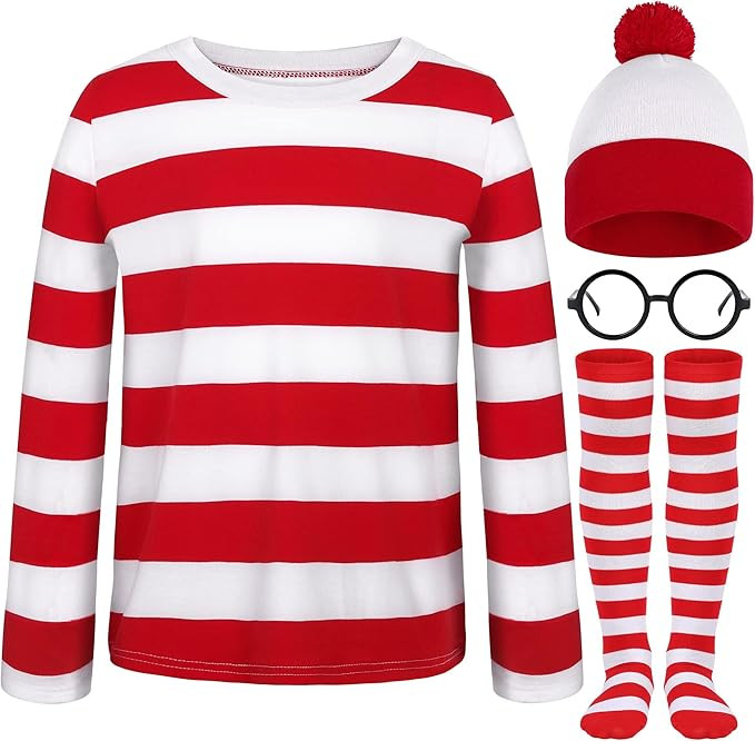 SOMSOC Kids Halloween Costume Sets Red and White Striped T-shirt Knit Beanies Striped Socks Glass... | Amazon (US)