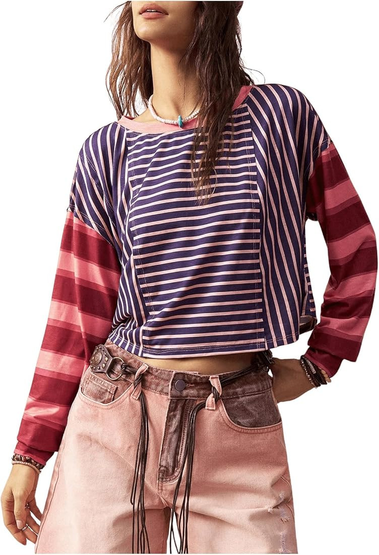 Women's Striped Round Neck Long Sleeve Crop Top Oversized Going Out Tee | Amazon (US)