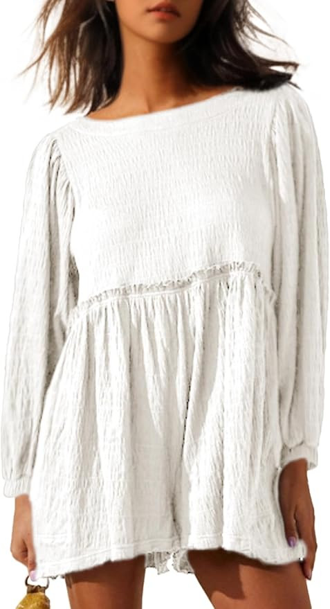 Glamaker Women's Summer Long Sleeve Rompers Loose Fit Shorts Jumpsuits s One Piece Beach Outfit 2... | Amazon (US)