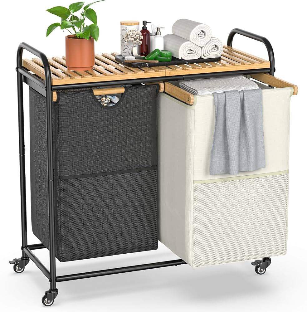 Laundry Hampers 2 Section, Laundry Sorter with Removable Shelf and Pull-Out Bags, Clothes Hampers... | Amazon (US)