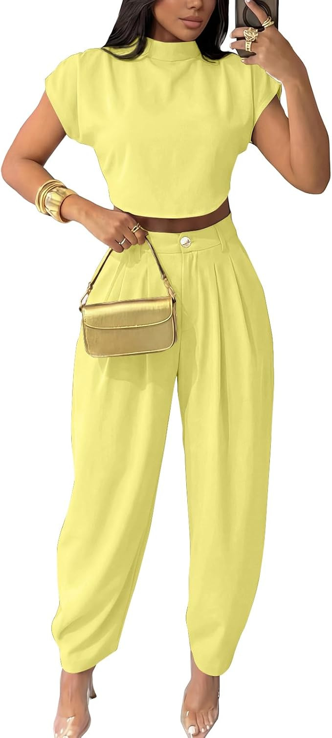 kaimimei 2 Piece Sets for Women Casual Mock Neck Cap Sleeve Crop Tops and Palazzo Pants Vacation ... | Amazon (US)