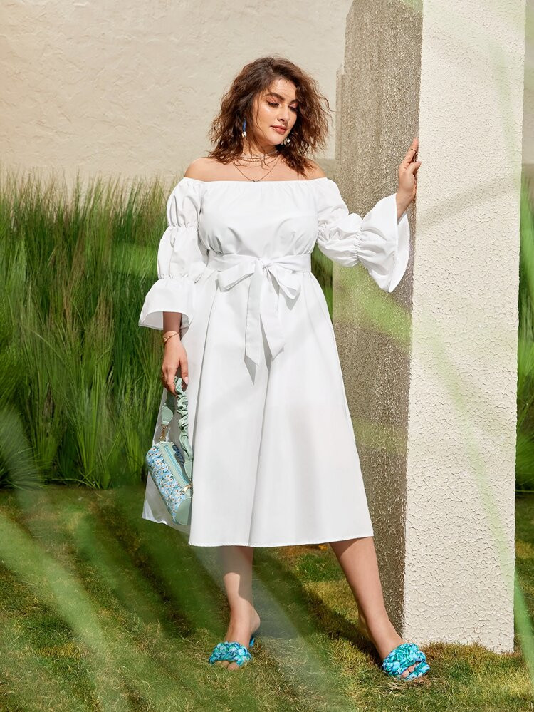 SHEIN Plus Flounce Sleeve Self Belted Dress | SHEIN