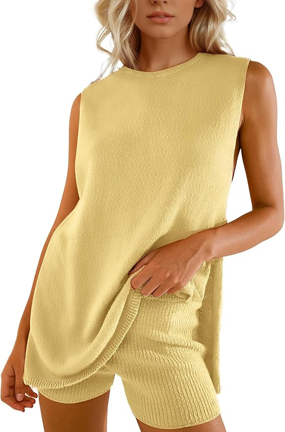 SeekMe Womens Summer Knit Sweater Set Sleeveless Tunic Top Matching Shorts 2 Piece Outfits Trendy... | Amazon (US)