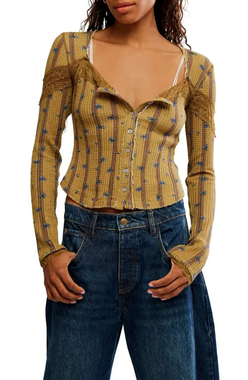 Free People Let's Party Floral Lace Trim Cotton Waffle Knit Button-Up Top in Beehive Combo at Nordstrom, Size Small | Nordstrom