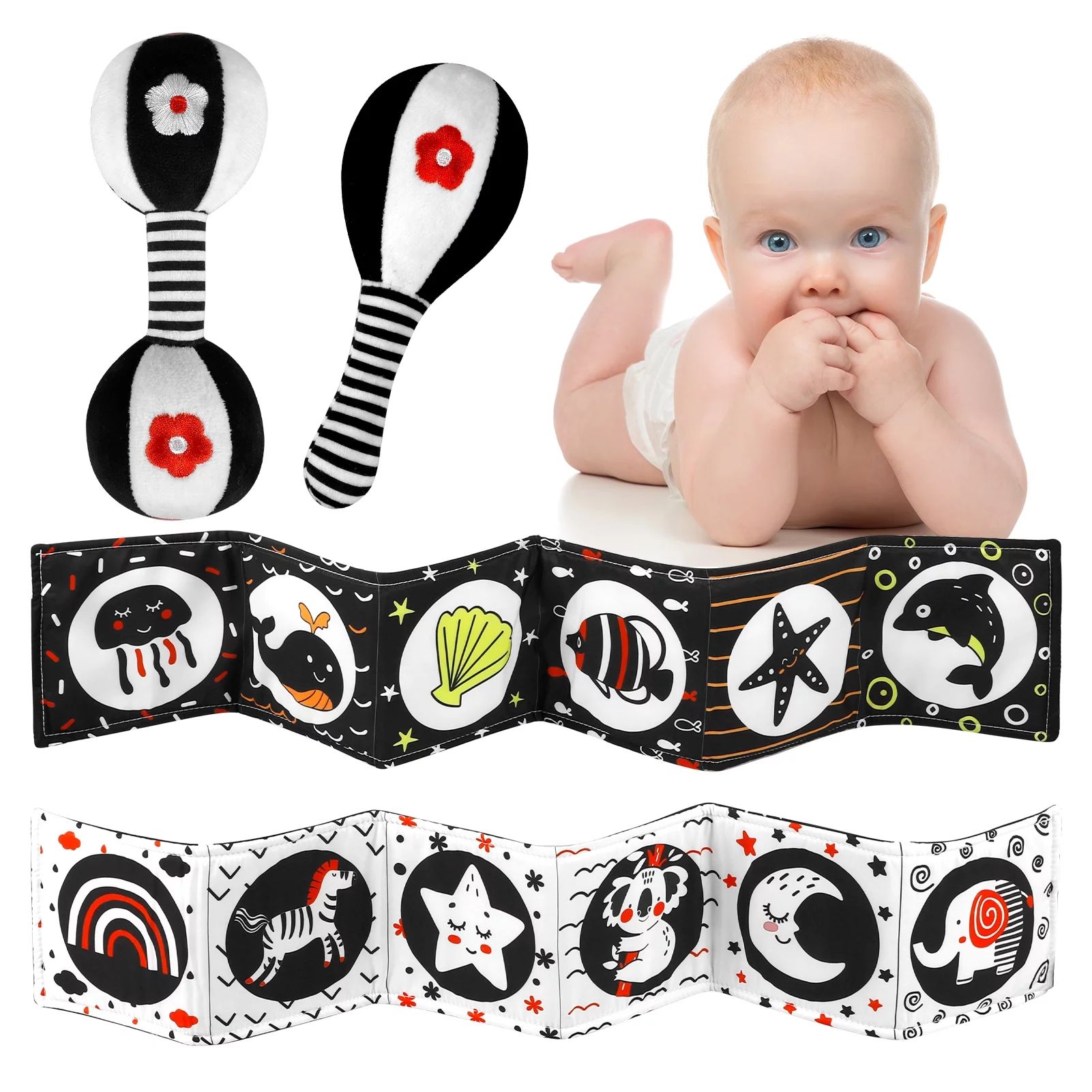 BUBABOX Black and White High Contrast Soft Book  for Baby Baby Dumbbell Toy Rattle Black and Whit... | Walmart (US)