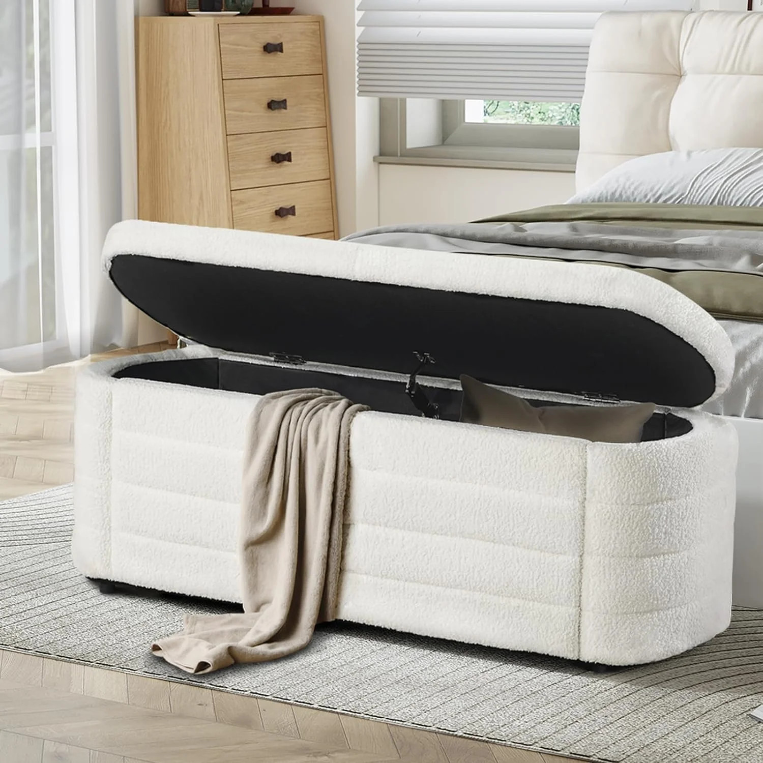 Storage Bench, 45.7" Modern Comfort Stretch Boucle Storage Ottoman Bench Entryway Large Oval Upho... | Walmart (US)