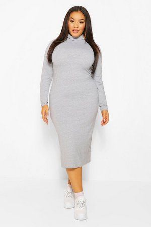 Plus Long Sleeve Roll Neck Midi Dress | Boohoo.com (US & CA)