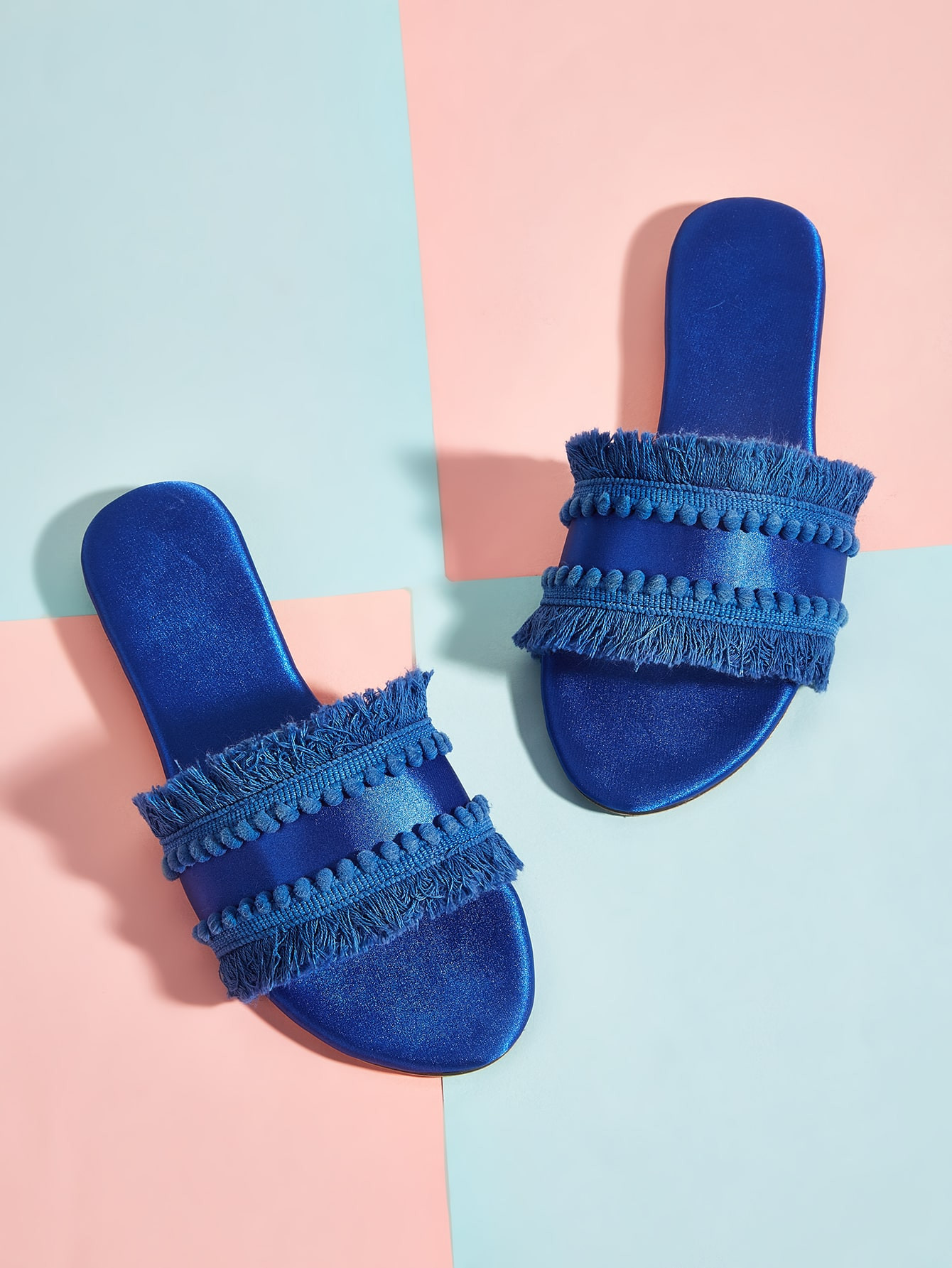 Glamorous Blue Sandals For Women, Pom Pom Decor Fringe Trim Satin Slide Sandals | SHEIN
