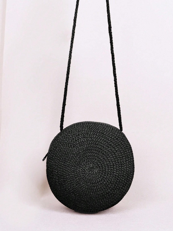 Mini Straw Bag Solid Black Minimalist With Zipper | SHEIN
