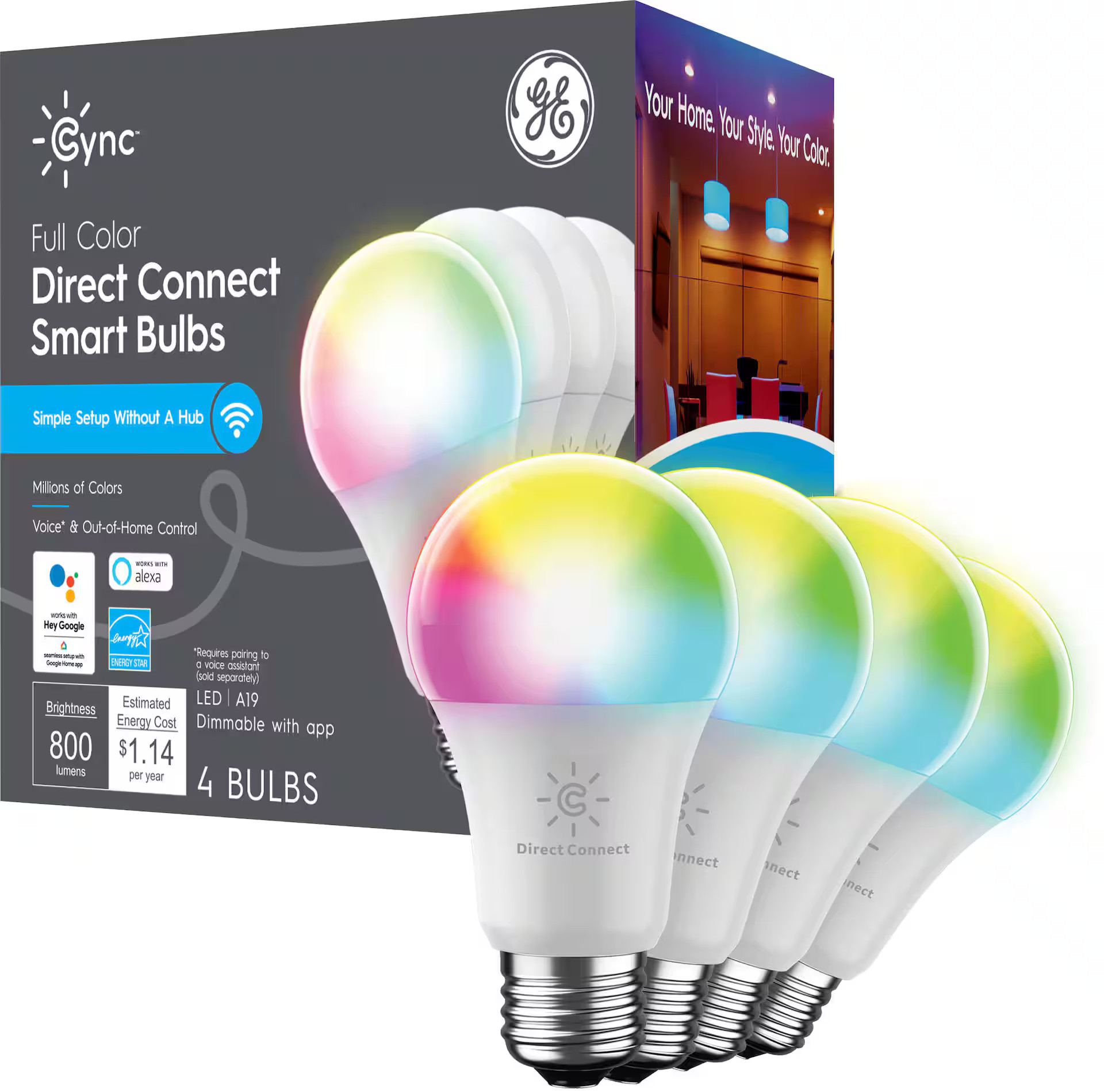 GE Cync Direct Connect Light Bulbs (4 A19 LED Color Changing Light Bulbs), 60W Replacement Full C... | Best Buy U.S.