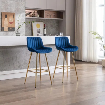 Set of 2 Bar Stools,with Chrome Footrest Velvet Fabric Counter Stool Golden Leg Simple High Bar Stool | Wayfair North America