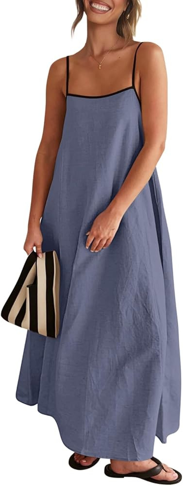 Shy Velvet Women's 2024 Summer Linen Maxi Dress Contrast Spaghetti Strap Dress Backless Sleeveles... | Amazon (US)
