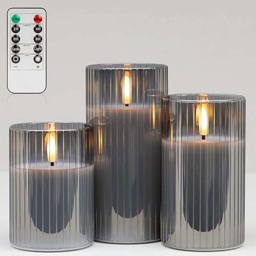ANGELLOONG Gray Flameless Candles with Remote, Battery Operated Candles with Timer, LED Candle Flickering Pillar, Fake Electric Candles for Home Bathroom Shelf Decor, Set of 3 | Amazon (US)